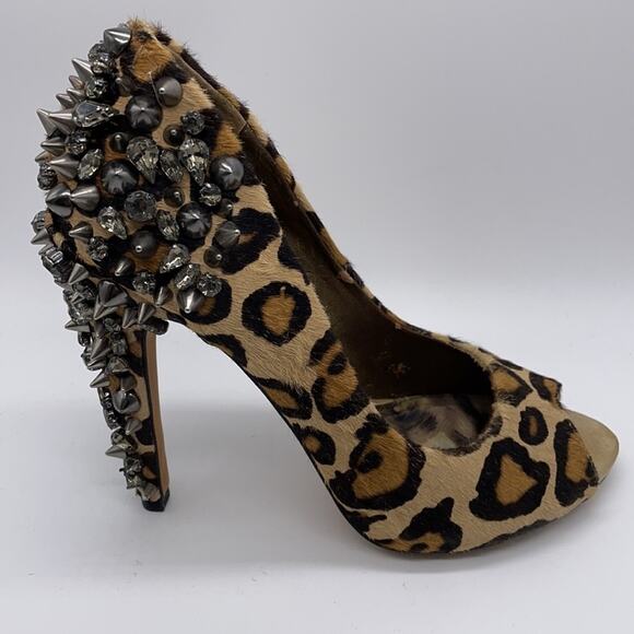 Sam Edelman Lorissa Heels Leopard Print Stud Spiked Pony Hair Peep Toe Size 6 - Picture 7 of 13